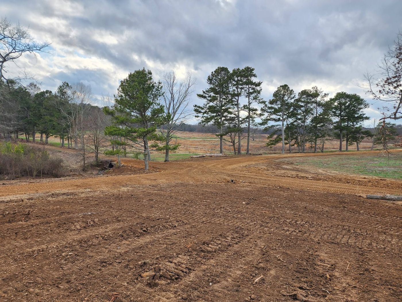 New gravel driveway graded through pines by Pack's